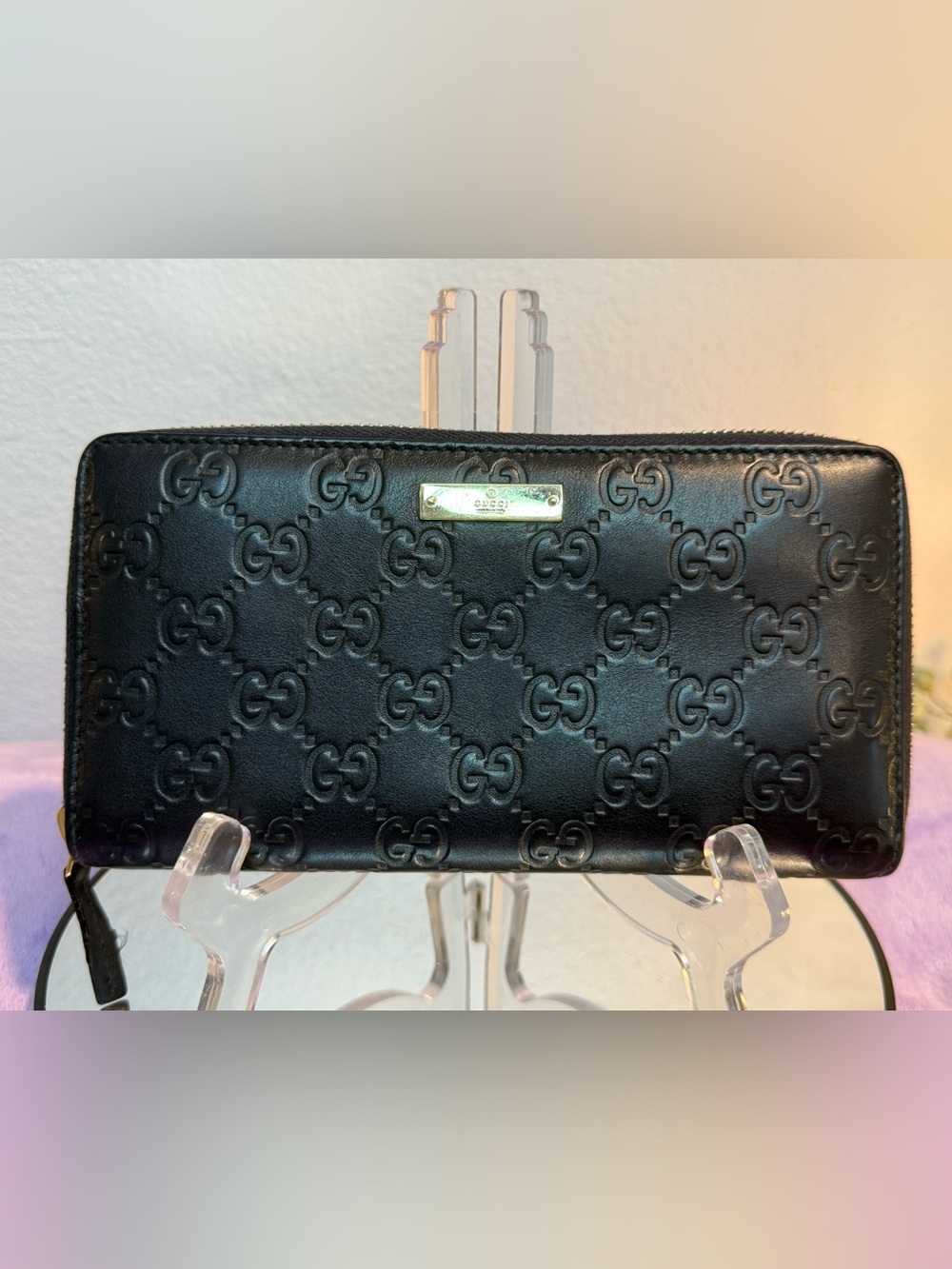 Gucci Black Embossed GG Leather Zip-Around Wallet with Gold Plaque